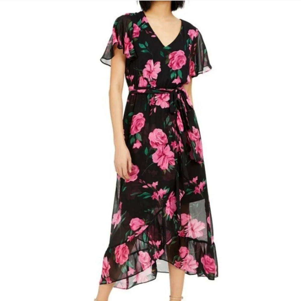 INC International Concepts Pink Black Floral Faux Wrap Midi Flutter Dress 10 M